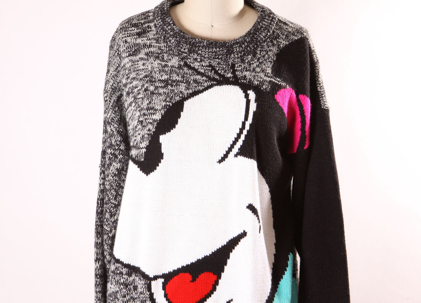 1990s Black, White, Pink and Turquoise Long Sleeve Knit Pullover Minnie Mouse Novelty Sweater by Mickey & Co. -M