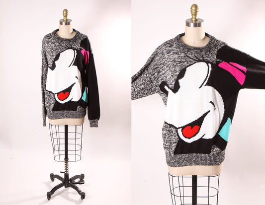 1990s Black, White, Pink and Turquoise Long Sleeve Knit Pullover Minnie Mouse Novelty Sweater by Mickey & Co. -M