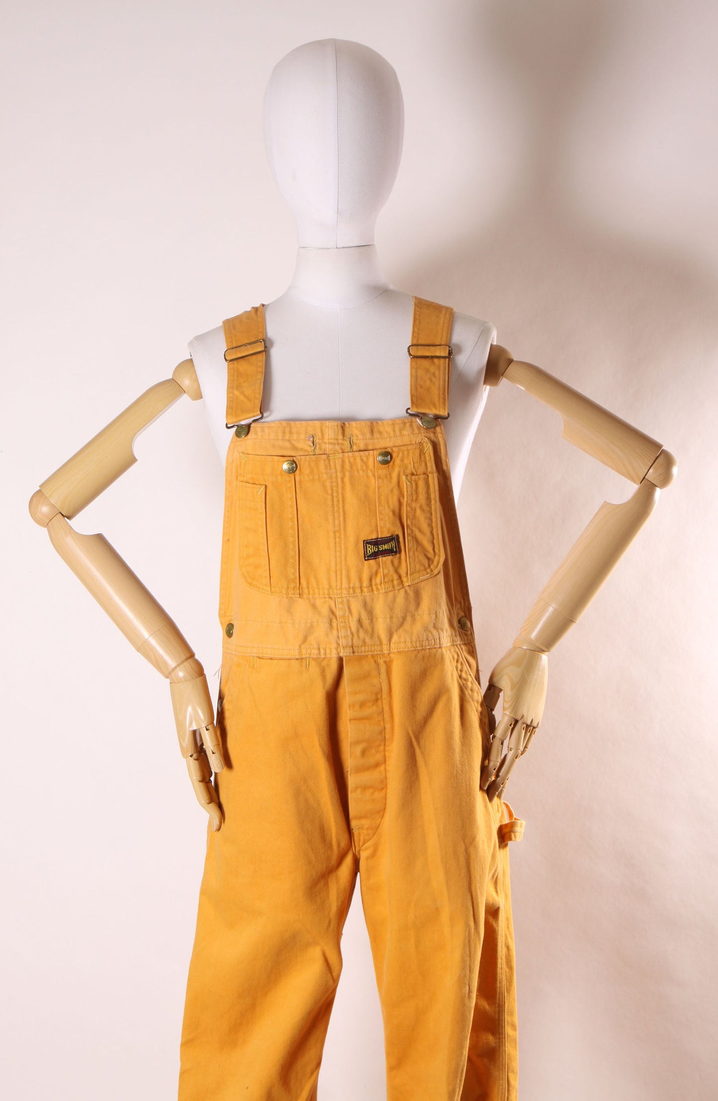 Late 1960s Early 1970s Golden Yellow Full Length Plaid Cuffed Pants Overalls by Big Smith -M