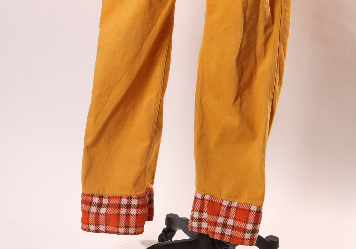 Late 1960s Early 1970s Golden Yellow Full Length Plaid Cuffed Pants Overalls by Big Smith -M