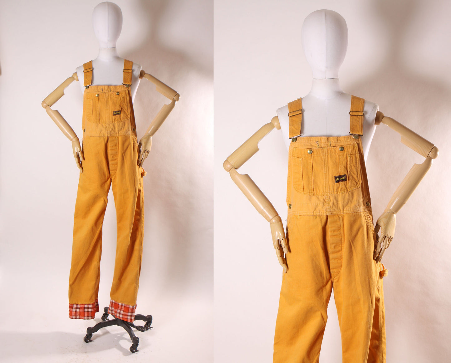 Late 1960s Early 1970s Golden Yellow Full Length Plaid Cuffed Pants Overalls by Big Smith -M