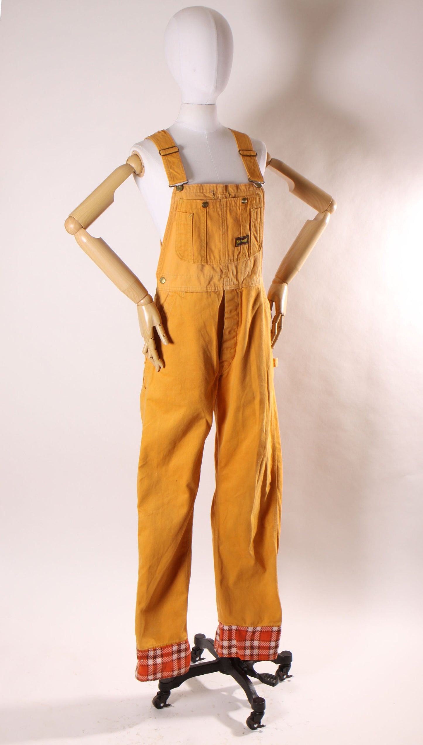 Late 1960s Early 1970s Golden Yellow Full Length Plaid Cuffed Pants Overalls by Big Smith -M