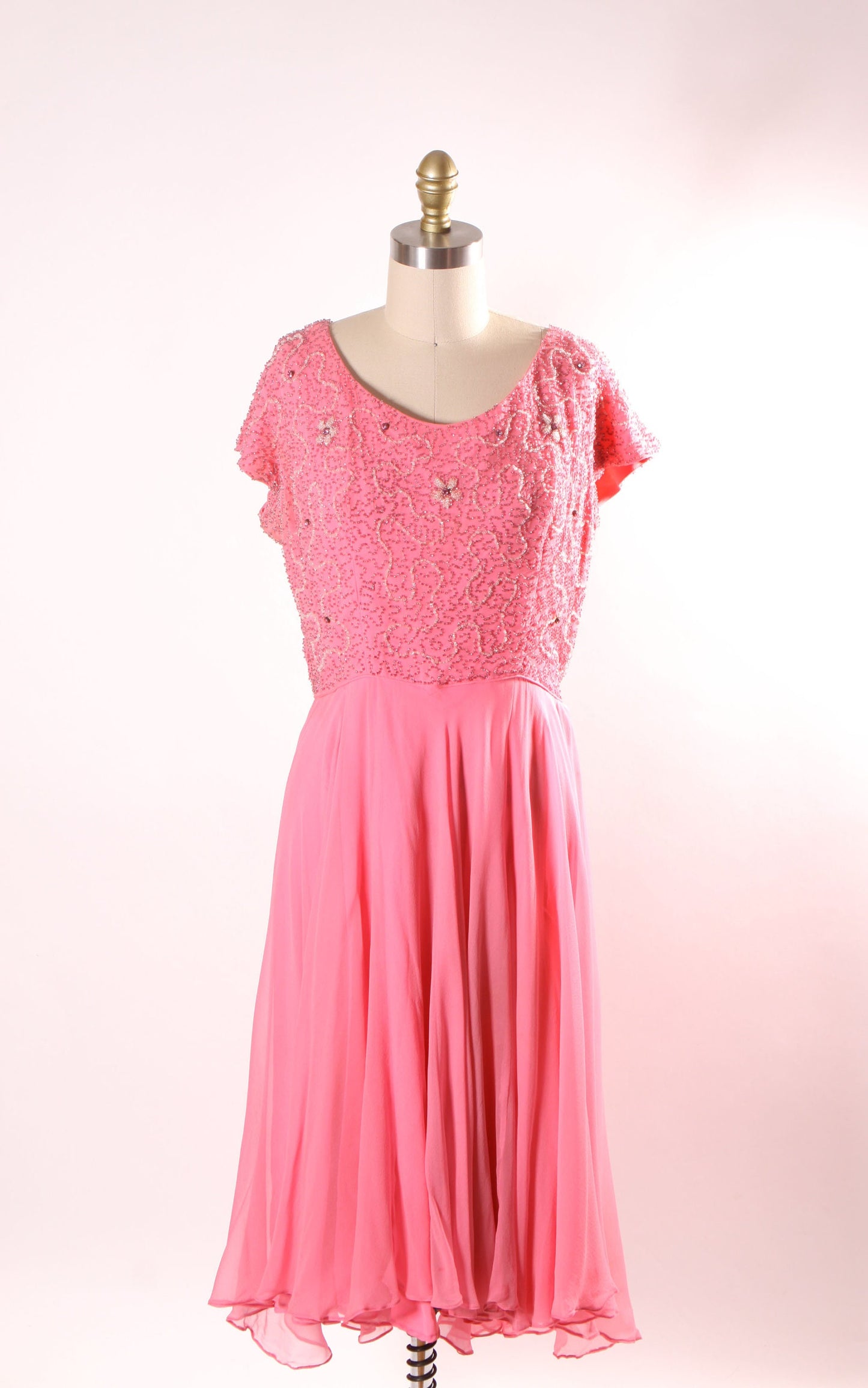 1960s Pink Short Sleeve Swirl Floral Beaded Chiffon Overlay Plus Size Volup Dress -L