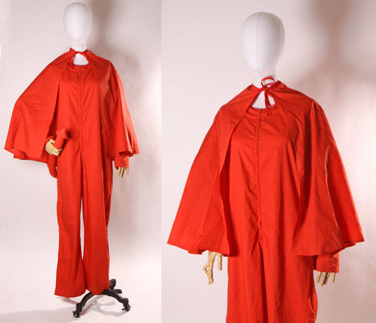 1970s 1980s Red Long Sleeve One Piece Jumpsuit with Matching Red Cape Pointed Tail Devil Costume -M