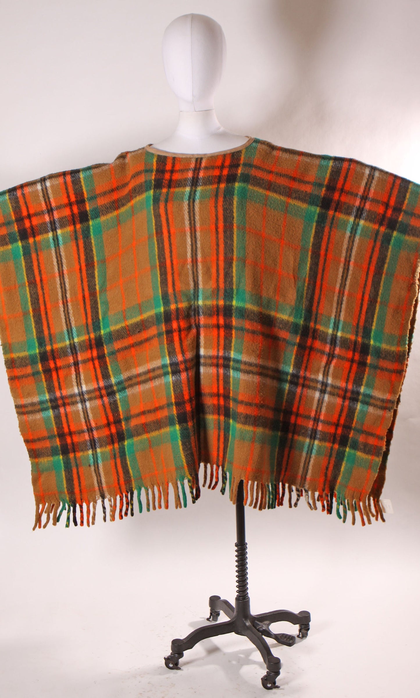 1960s Orange, Black and Green Plaid Fringe Hem Fall Poncho