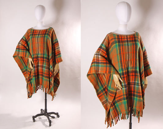 1960s Orange, Black and Green Plaid Fringe Hem Fall Poncho
