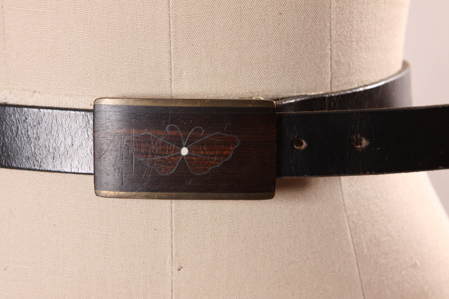 1970s Dark Brown Leather, Metal and Wood Inlay Butterfly Belt by Kenneth Reid