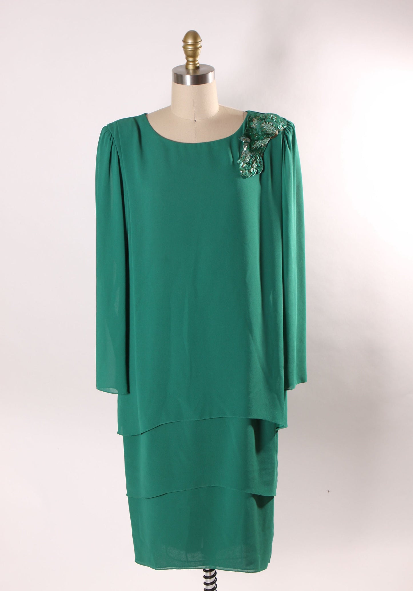 1980s Emerald Green Tiered Long Sleeve Sequin Shoulder Detail Formal Dress by Ursula -L
