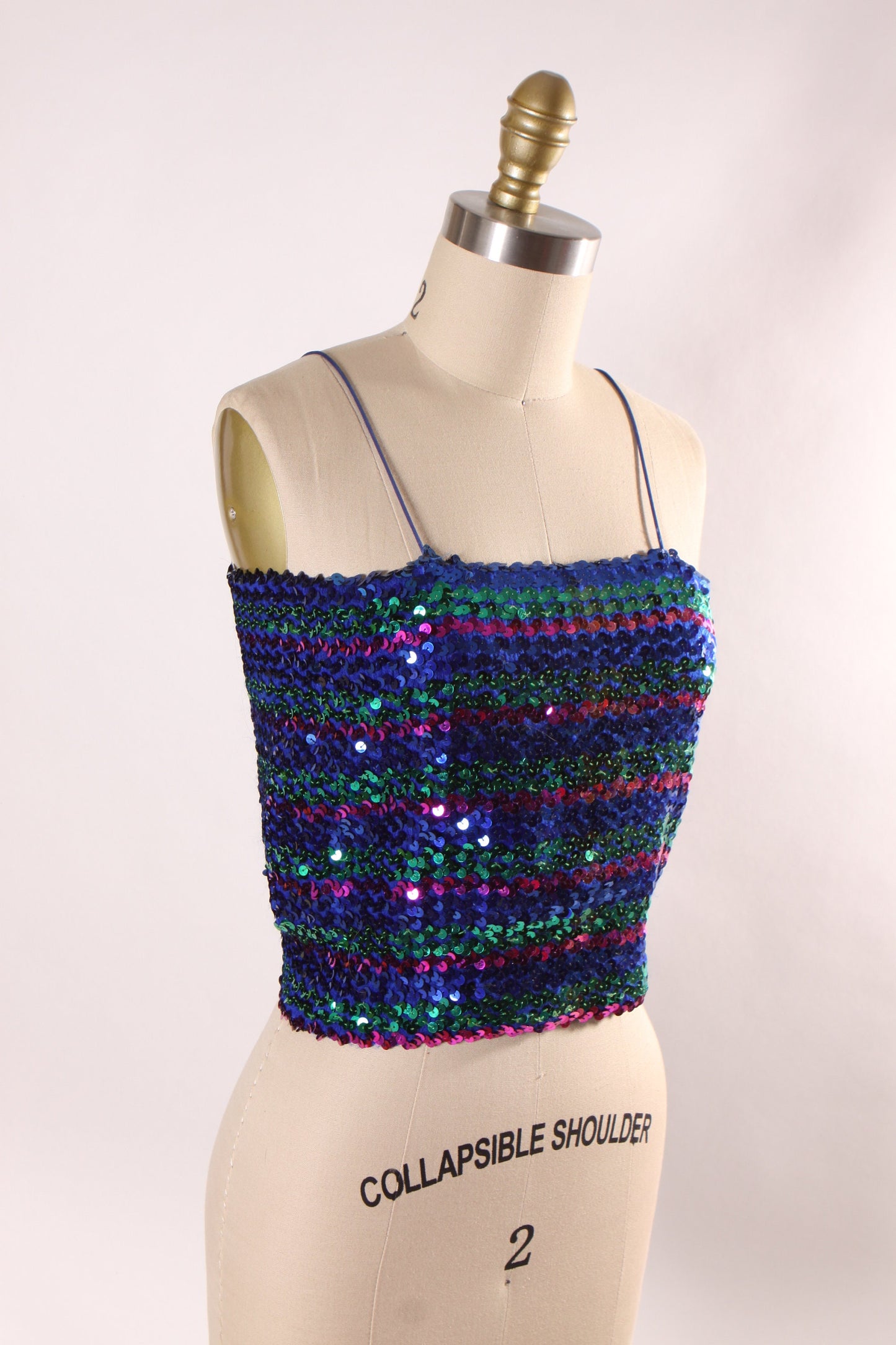 1970s Blue, Teal and Purple Striped Stretchy Spaghetti Strap Sequin Crop Top Blouse -M-L