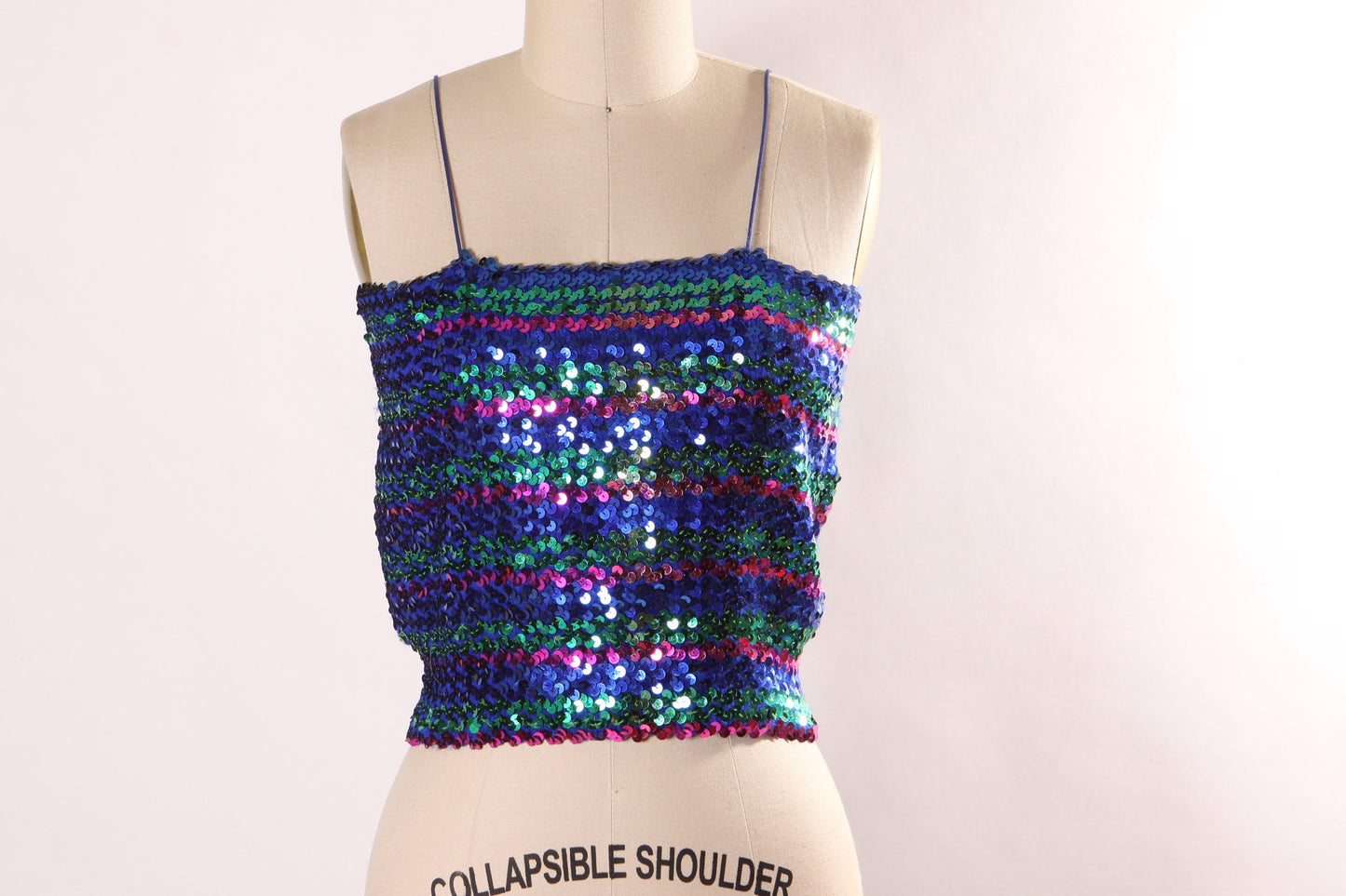 1970s Blue, Teal and Purple Striped Stretchy Spaghetti Strap Sequin Crop Top Blouse -M-L