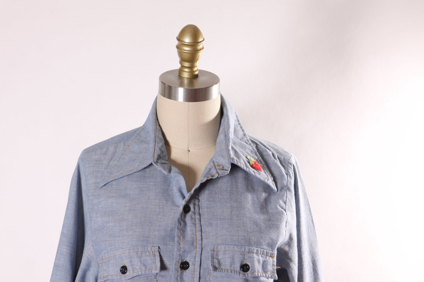 1970s Blue Denim Chambray Long Sleeve Button Down Strawberry Embroidered Western Shirt by Wrangler