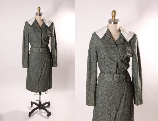 1940s Gray Green and White Flecked Tweed Long Sleeve Belted Jacket with Matching Wiggle Skirt Two Piece Skirt Suit by Winston -XS