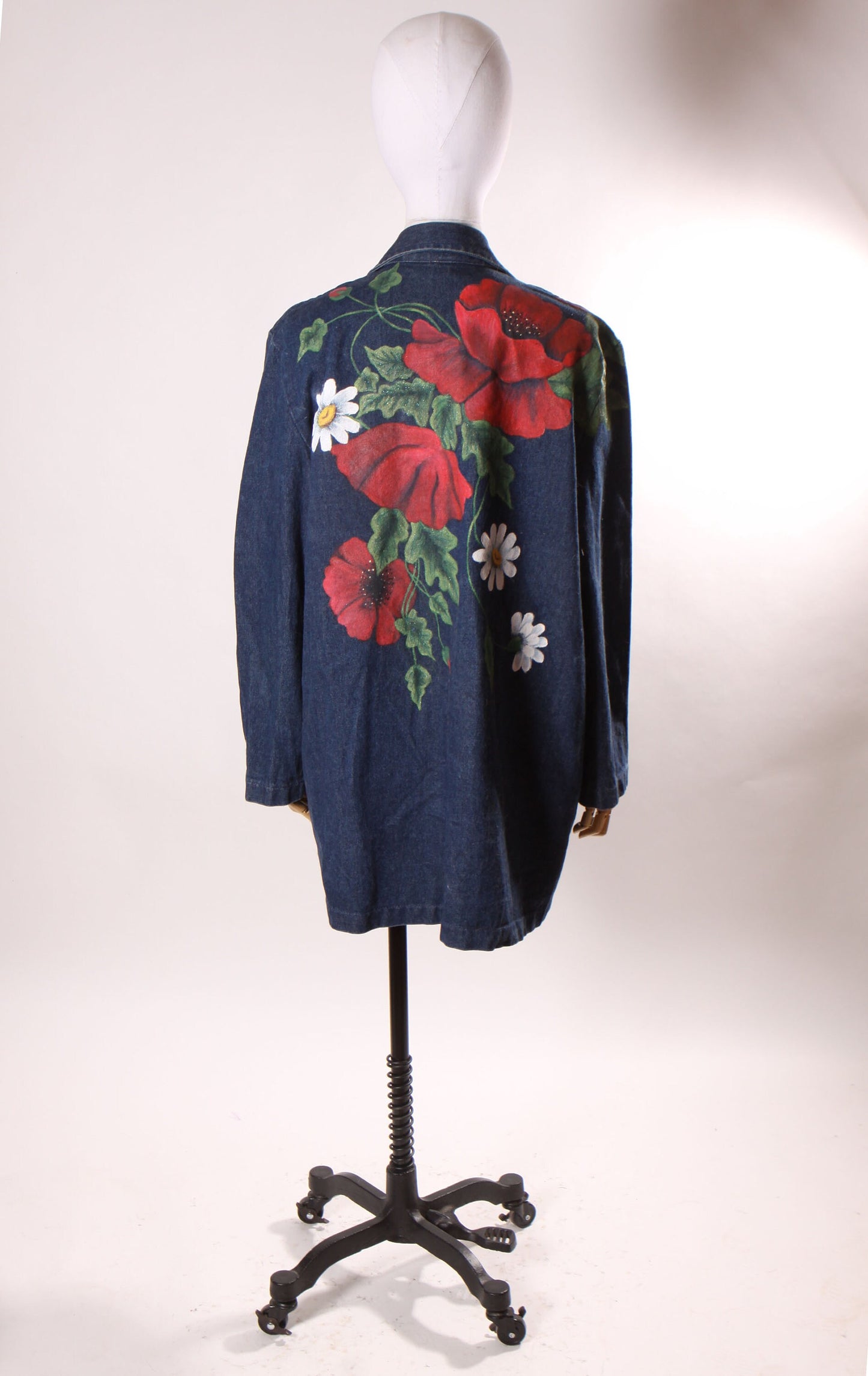 1980s Blue Denim Long Sleeve Hand Painted Red Flower Floral Blazer Jacket with Matching Hand Painted Slip on Shoes 8 1/2 by Hunters Run -M