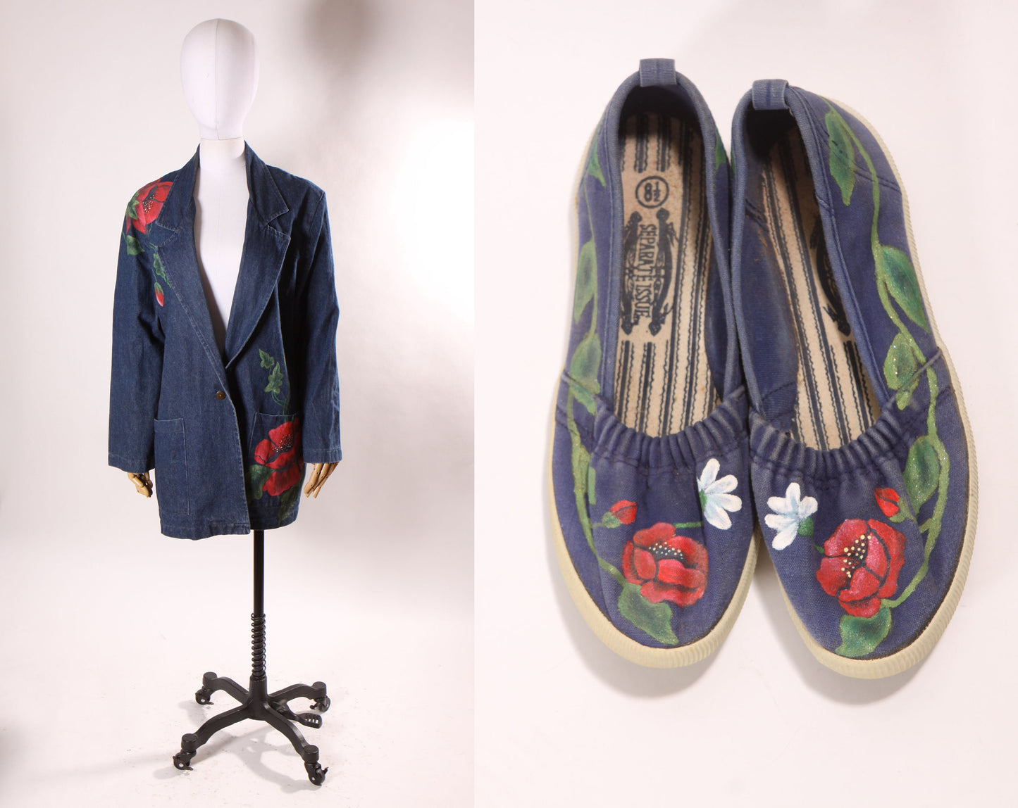 1980s Blue Denim Long Sleeve Hand Painted Red Flower Floral Blazer Jacket with Matching Hand Painted Slip on Shoes 8 1/2 by Hunters Run -M