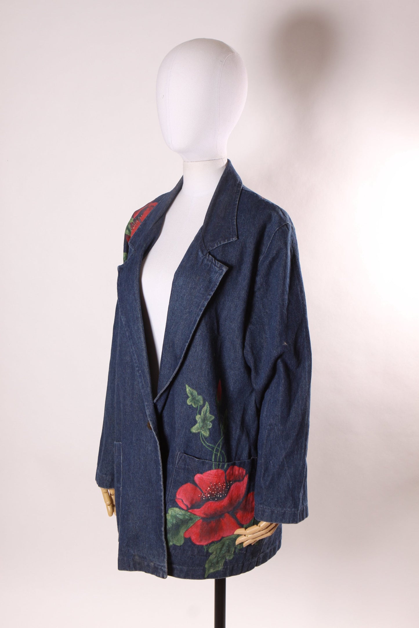 1980s Blue Denim Long Sleeve Hand Painted Red Flower Floral Blazer Jacket with Matching Hand Painted Slip on Shoes 8 1/2 by Hunters Run -M