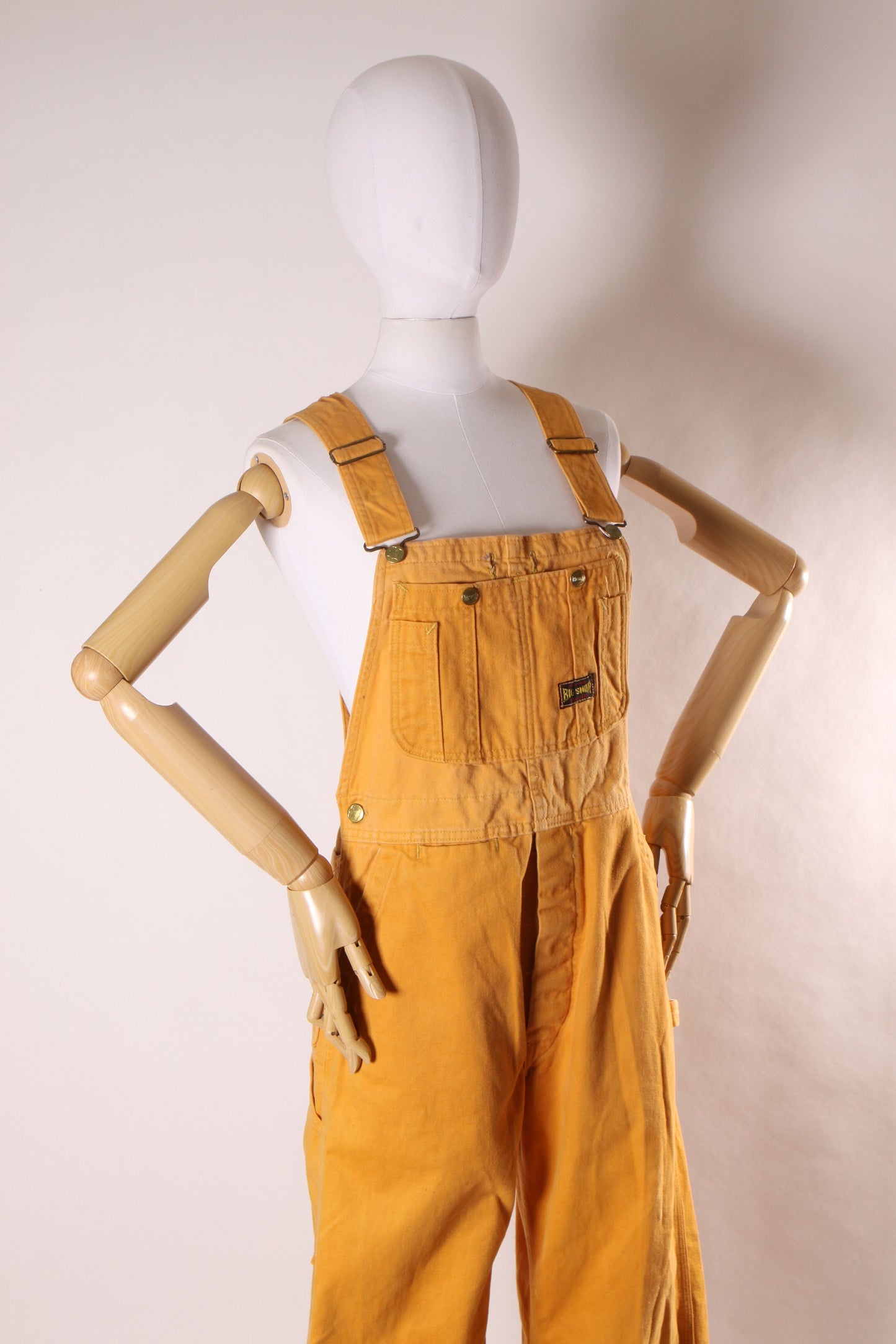 Late 1960s Early 1970s Golden Yellow Full Length Plaid Cuffed Pants Overalls by Big Smith -M