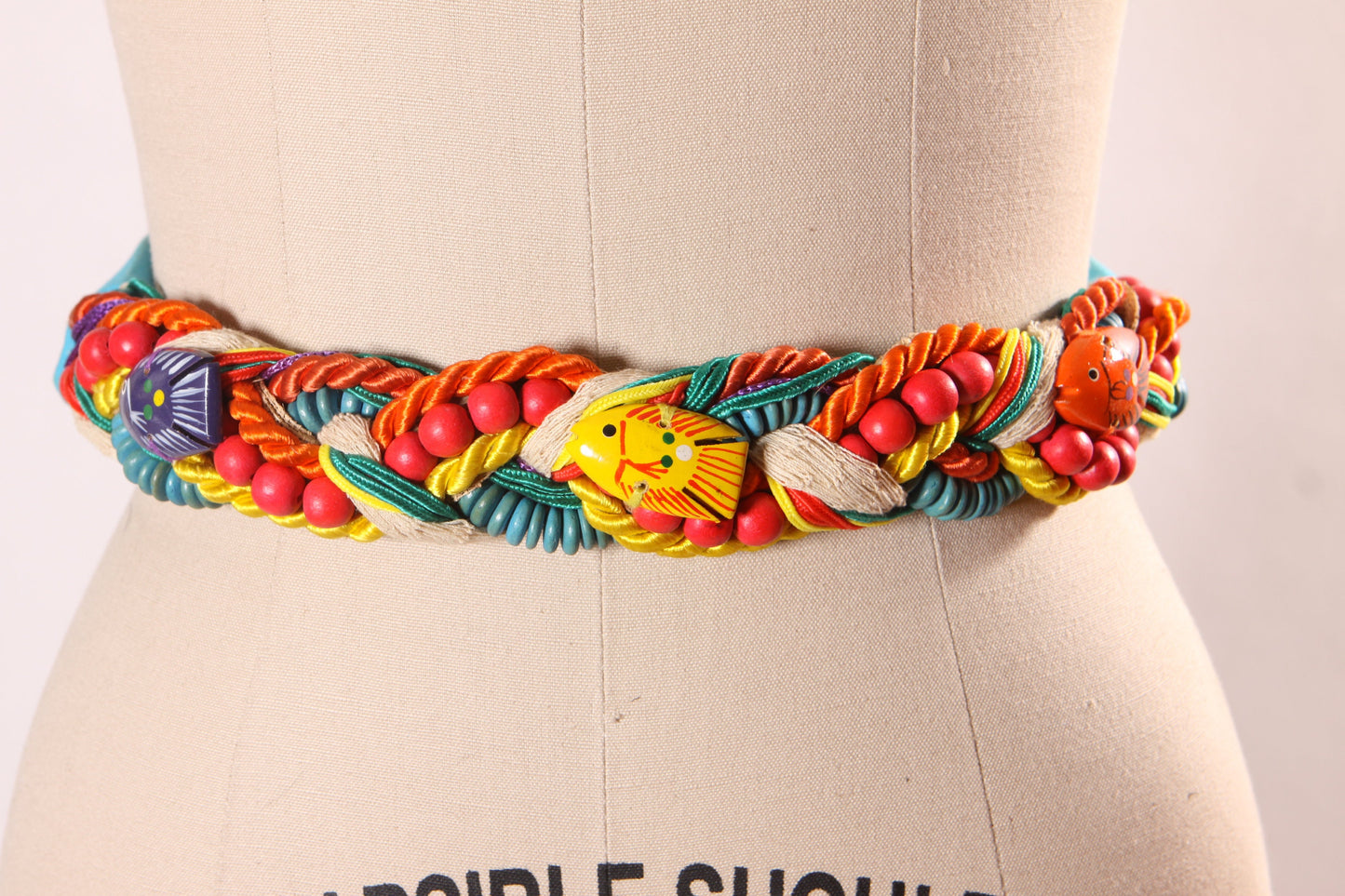 1980s Rainbow Multi-Colored Wooden Fish Woven Belt