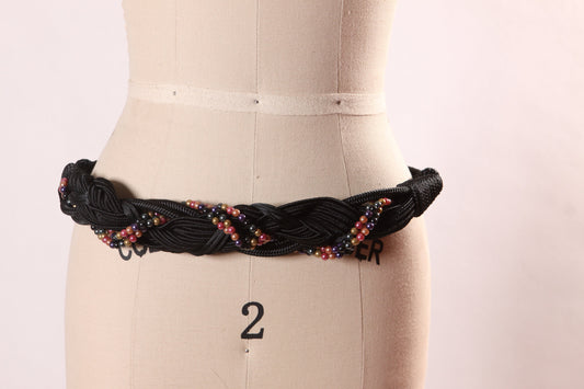 1980s Black Dark Pink Beaded Woven Belt