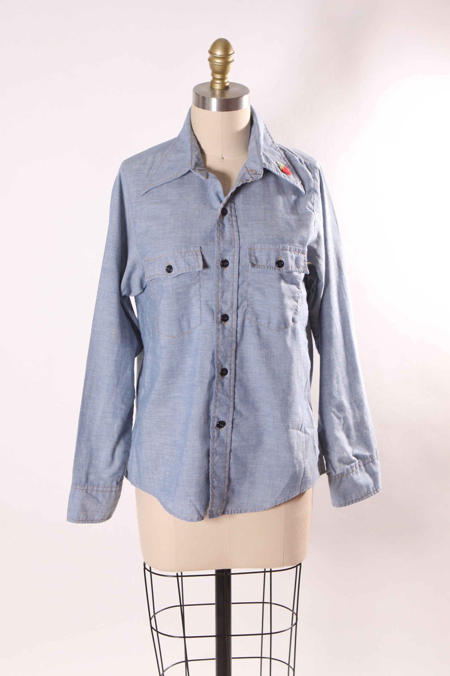 1970s Blue Denim Chambray Long Sleeve Button Down Strawberry Embroidered Western Shirt by Wrangler