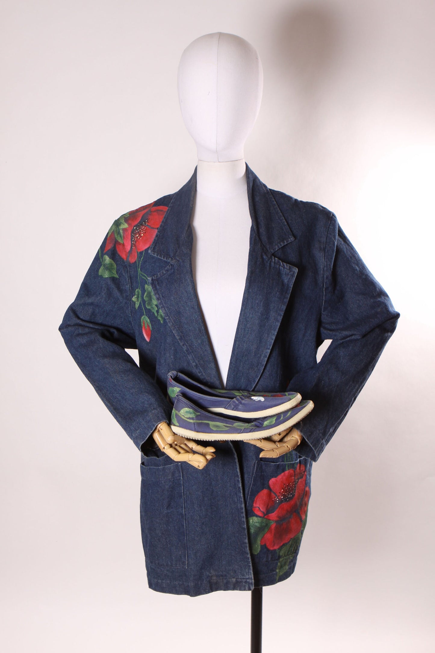 1980s Blue Denim Long Sleeve Hand Painted Red Flower Floral Blazer Jacket with Matching Hand Painted Slip on Shoes 8 1/2 by Hunters Run -M