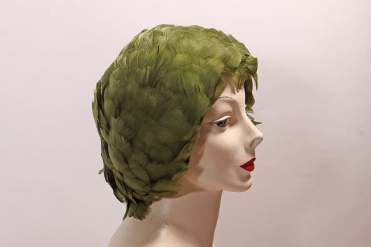 1950s 1960s Green Feather Stretchy Feather Curler Cover Formal Hat