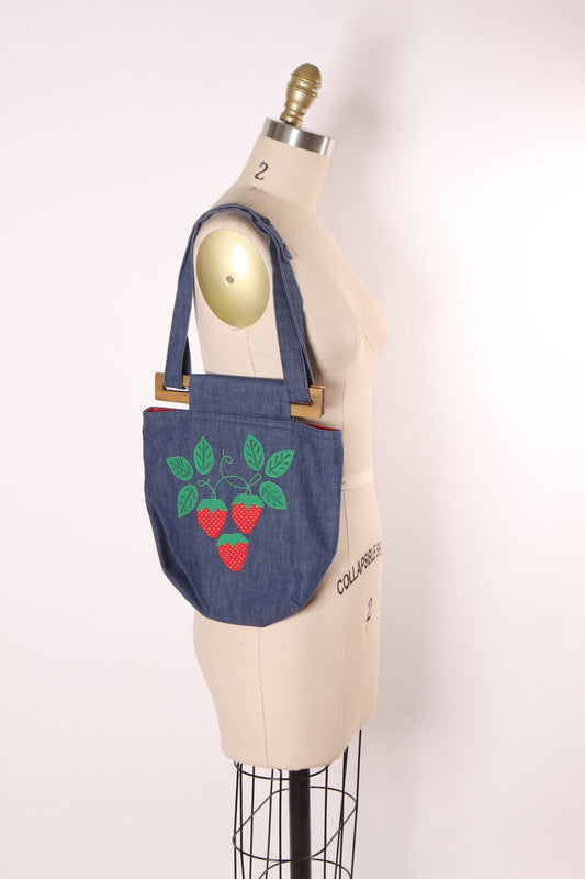 1970s Novelty Denim Strawberry Wood Detail Top Handle Purse