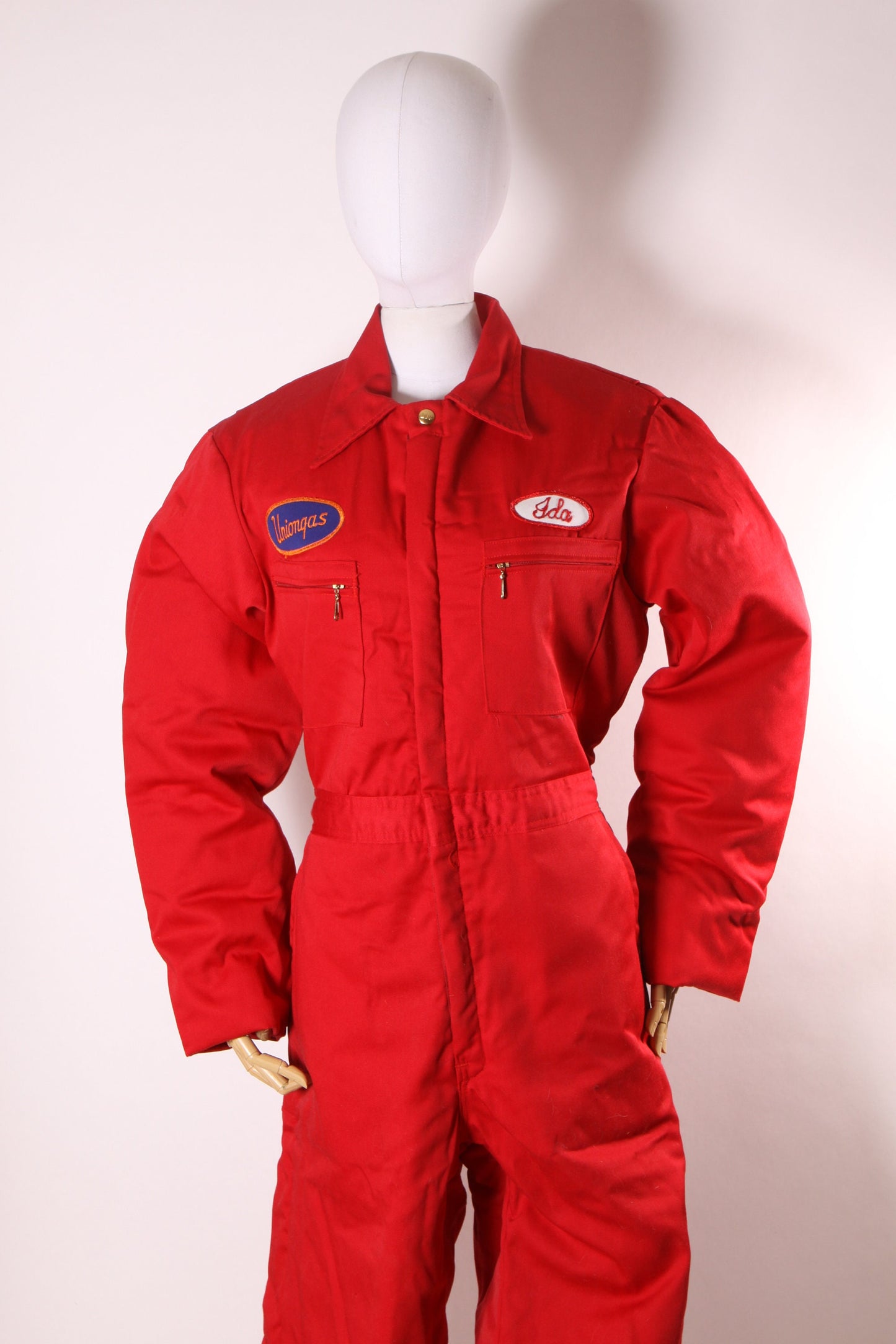 1970s Red Insulated One Piece Womens Uniongas Embroidered Name Patch Ida Long Sleeve Jumpsuit Greaser Mechanic Coveralls by Lee Outerwear -M