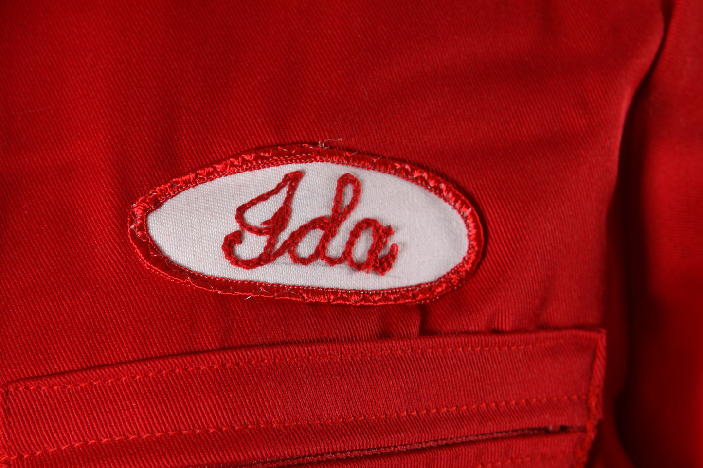 1970s Red Insulated One Piece Womens Uniongas Embroidered Name Patch Ida Long Sleeve Jumpsuit Greaser Mechanic Coveralls by Lee Outerwear -M