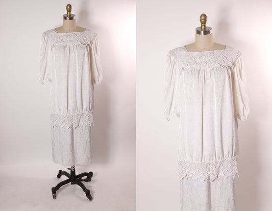 1980s White Half Sleeve Drop Waist Floral Lace Trim Blouse with Matching Skirt Two Piece Outfit by Jackie Taub for Connections -M