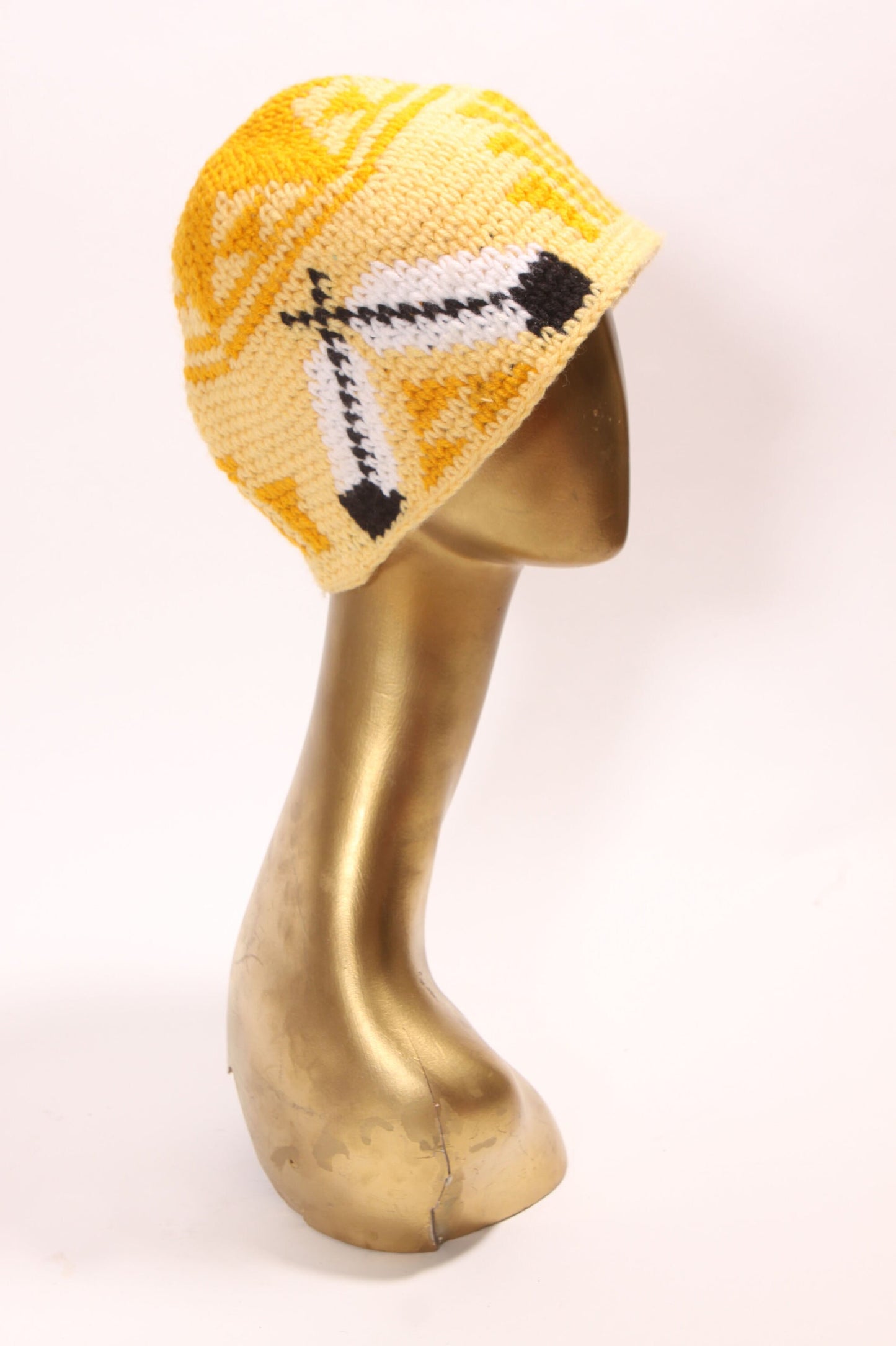 1970s Yellow, White and Black Novelty Crochet Feather Stocking Cap Beanie Hat