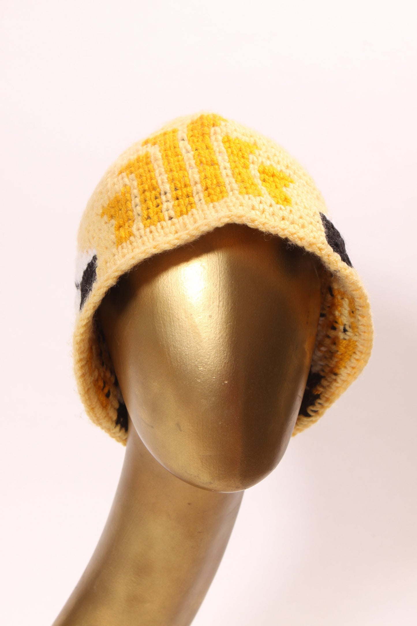 1970s Yellow, White and Black Novelty Crochet Feather Stocking Cap Beanie Hat