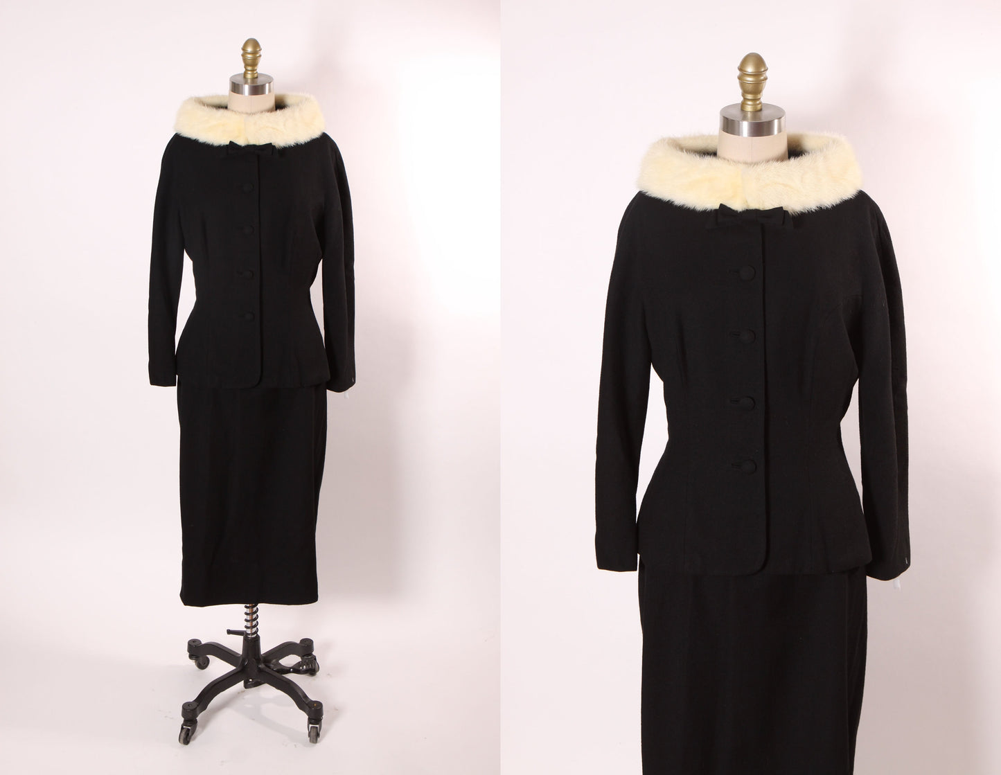 Early 1960s Black Bracelet Sleeve Button Up Bow Detail Front White Mink Collar Two Piece Skirt Suit by Lilli Ann Paris San Francisco -M