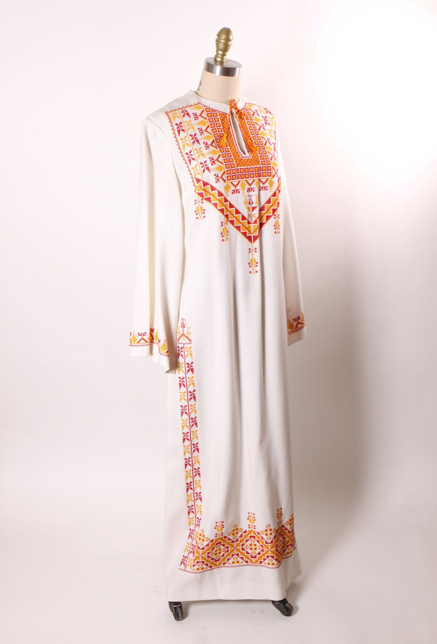 1960s White, Red and Yellow Embroidered Long Sleeve Palestinian Middle Eastern Bohemian Caftan Dress -L