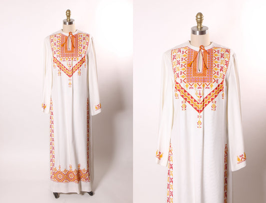 1960s White, Red and Yellow Embroidered Long Sleeve Palestinian Middle Eastern Bohemian Caftan Dress -L