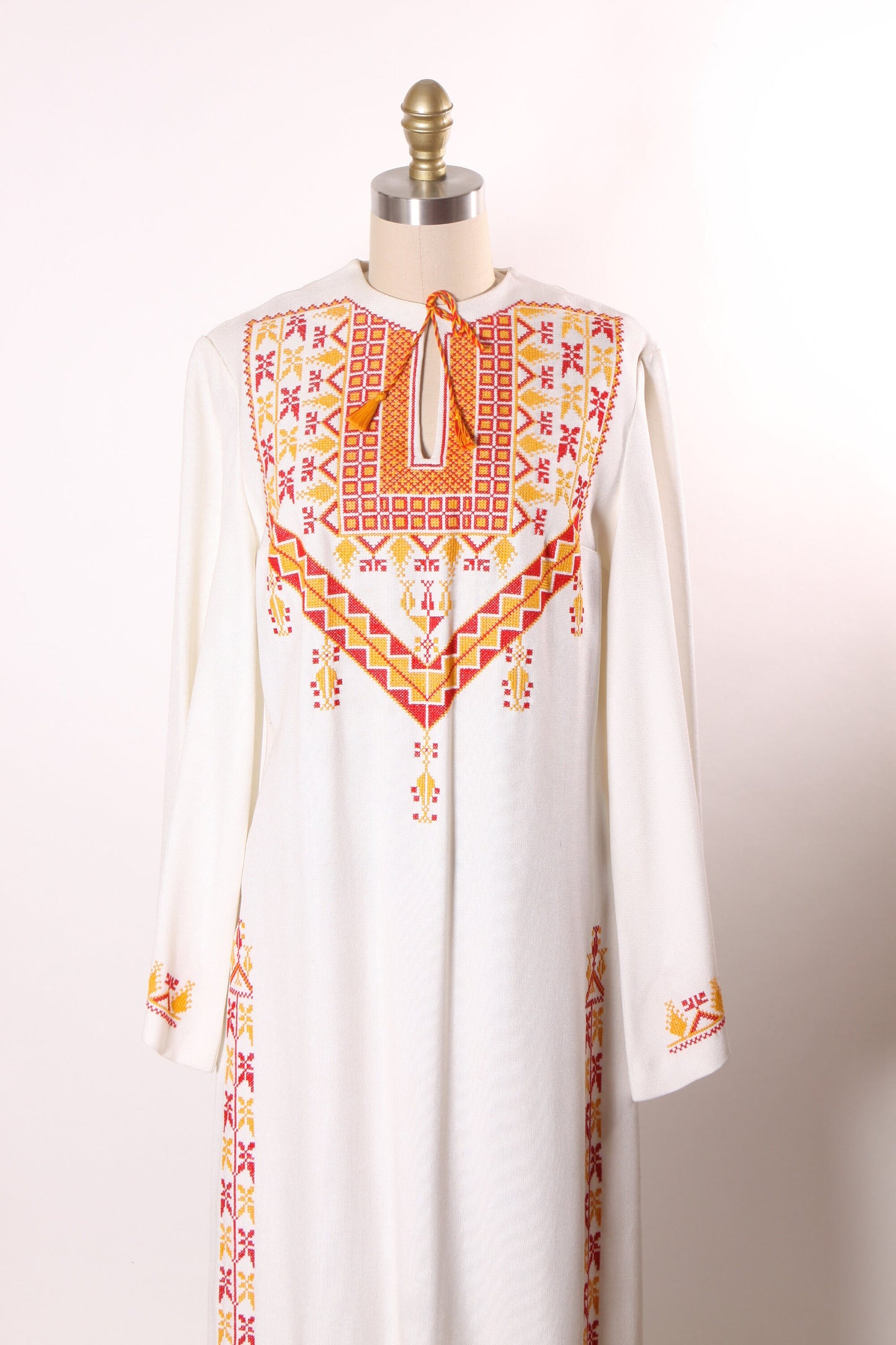 1960s White, Red and Yellow Embroidered Long Sleeve Palestinian Middle Eastern Bohemian Caftan Dress -L