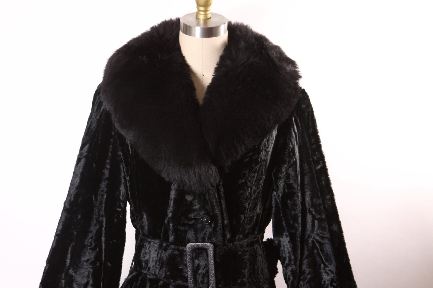 Late 1960s Mod Black Persian Lamb Style Faux Fur Long Sleeve Button Up Belted Penny Lane Princess Coat -M