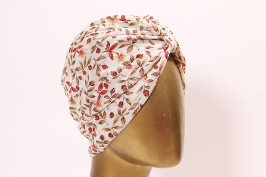 1970s Cream and Brown Fall Foliage Leaves Floral Hat Turban