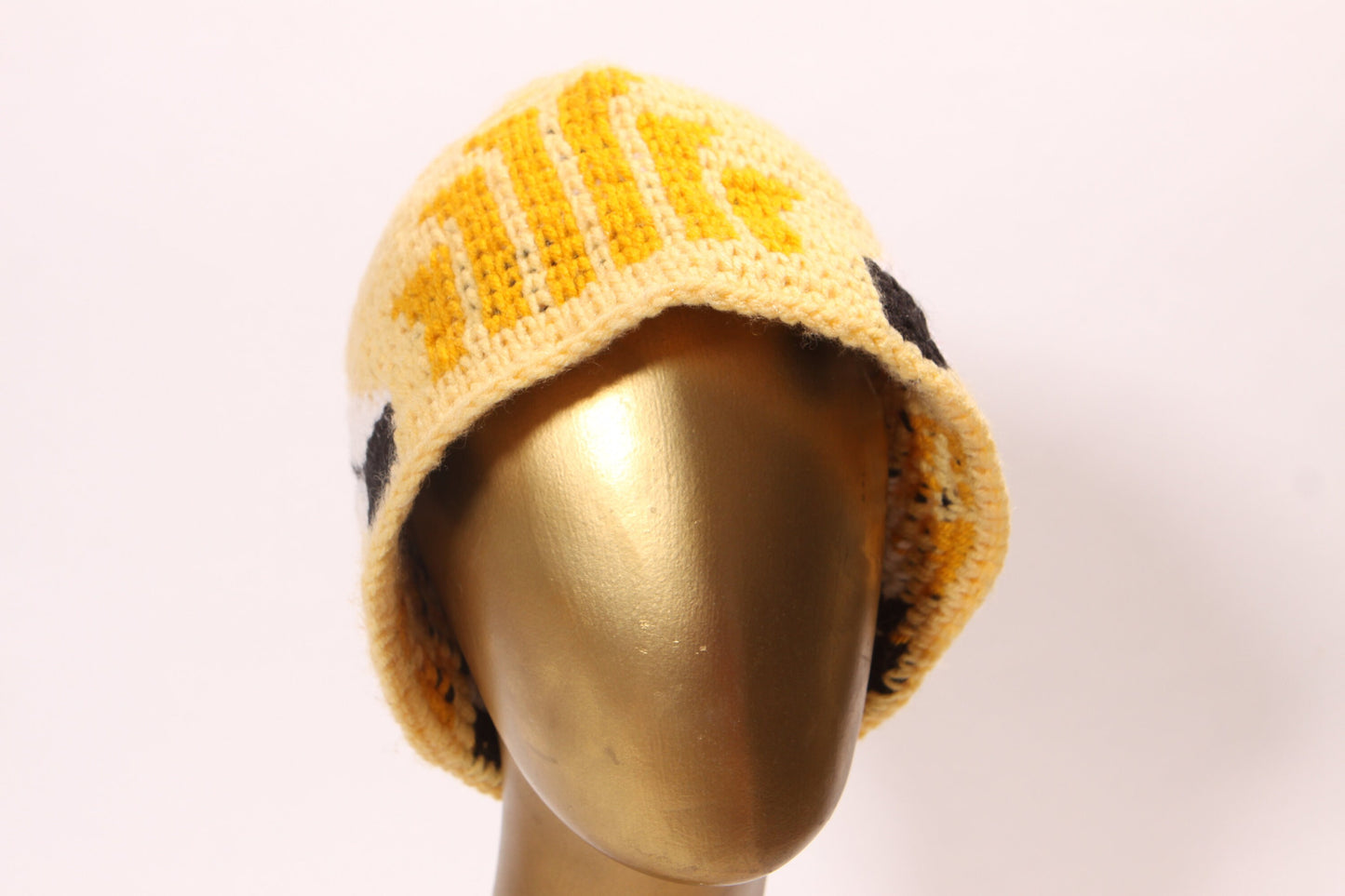 1970s Yellow, White and Black Novelty Crochet Feather Stocking Cap Beanie Hat