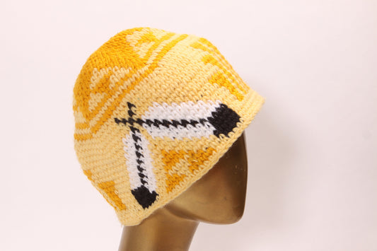 1970s Yellow, White and Black Novelty Crochet Feather Stocking Cap Beanie Hat