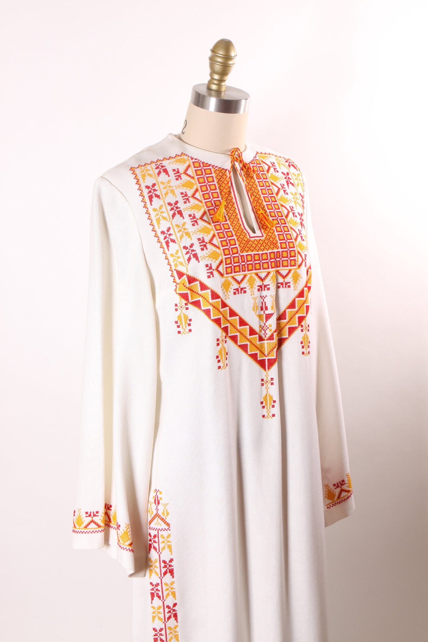 1960s White, Red and Yellow Embroidered Long Sleeve Palestinian Middle Eastern Bohemian Caftan Dress -L