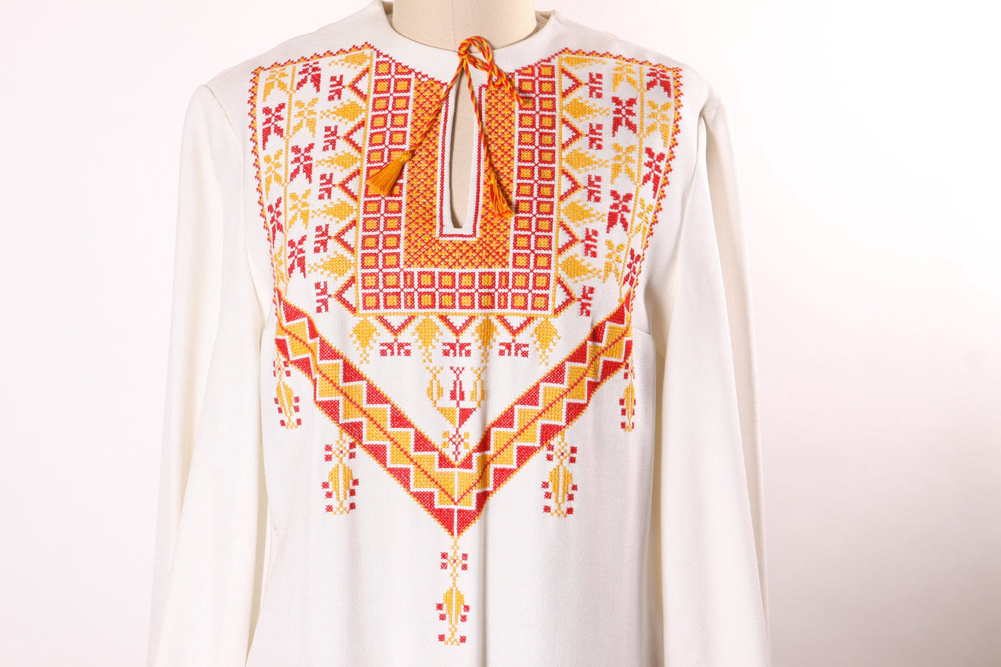 1960s White, Red and Yellow Embroidered Long Sleeve Palestinian Middle Eastern Bohemian Caftan Dress -L