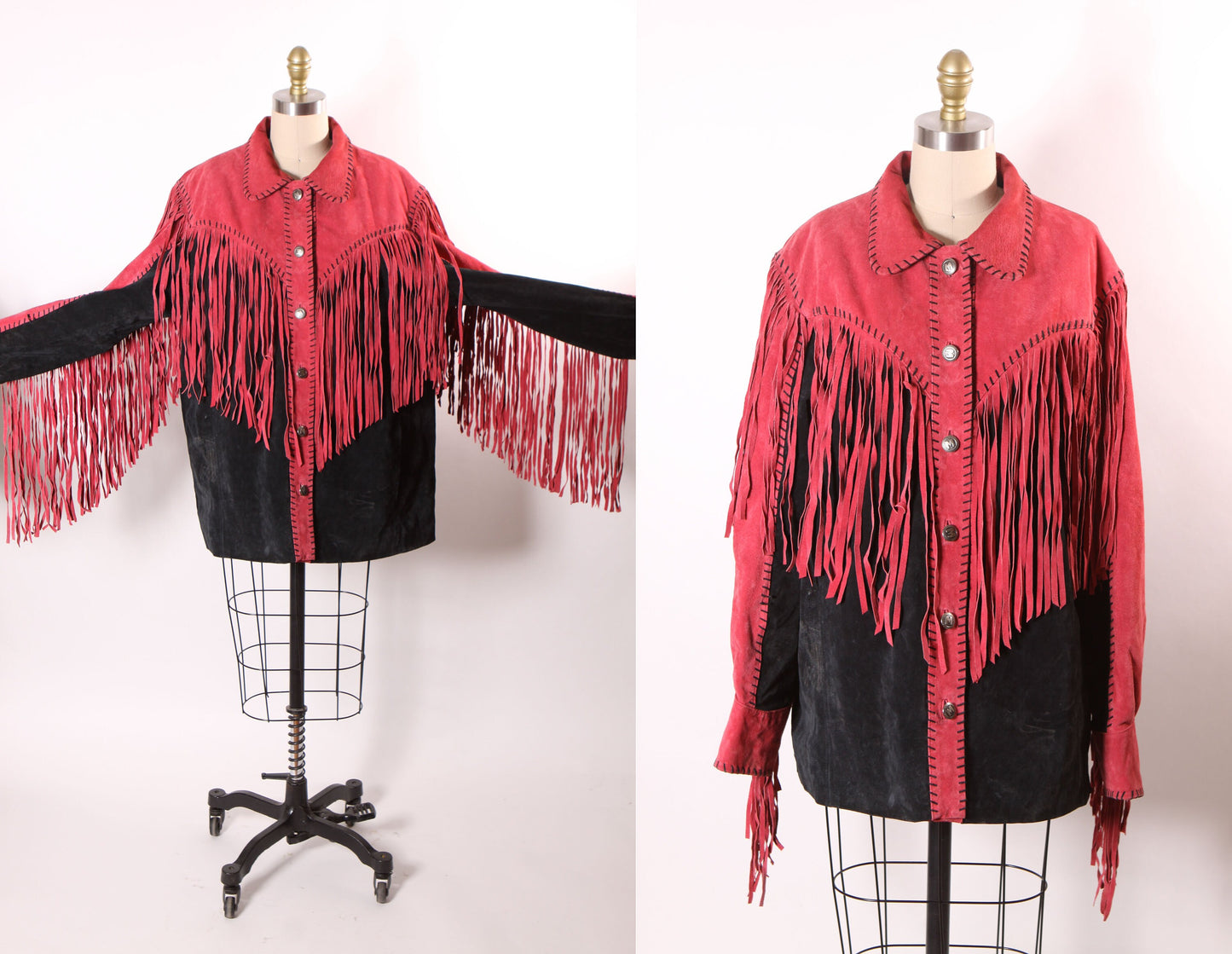 1980s Red and Black Suede Leather Fringe Long Sleeve Metal Snap Western Cowgirl Jacket Coat by Bob Mackie -L