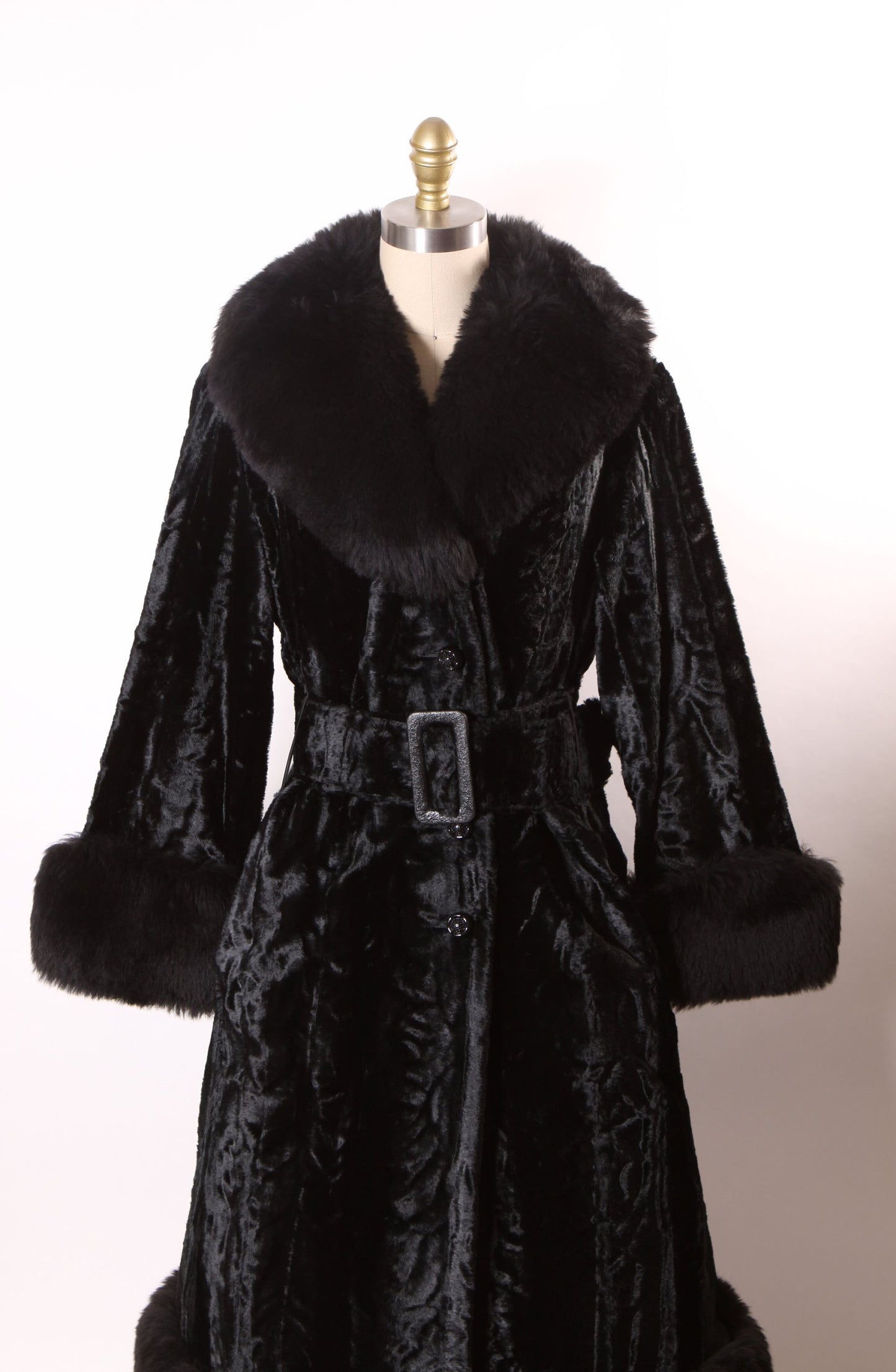 Late 1960s Mod Black Persian Lamb Style Faux Fur Long Sleeve Button Up Belted Penny Lane Princess Coat -M