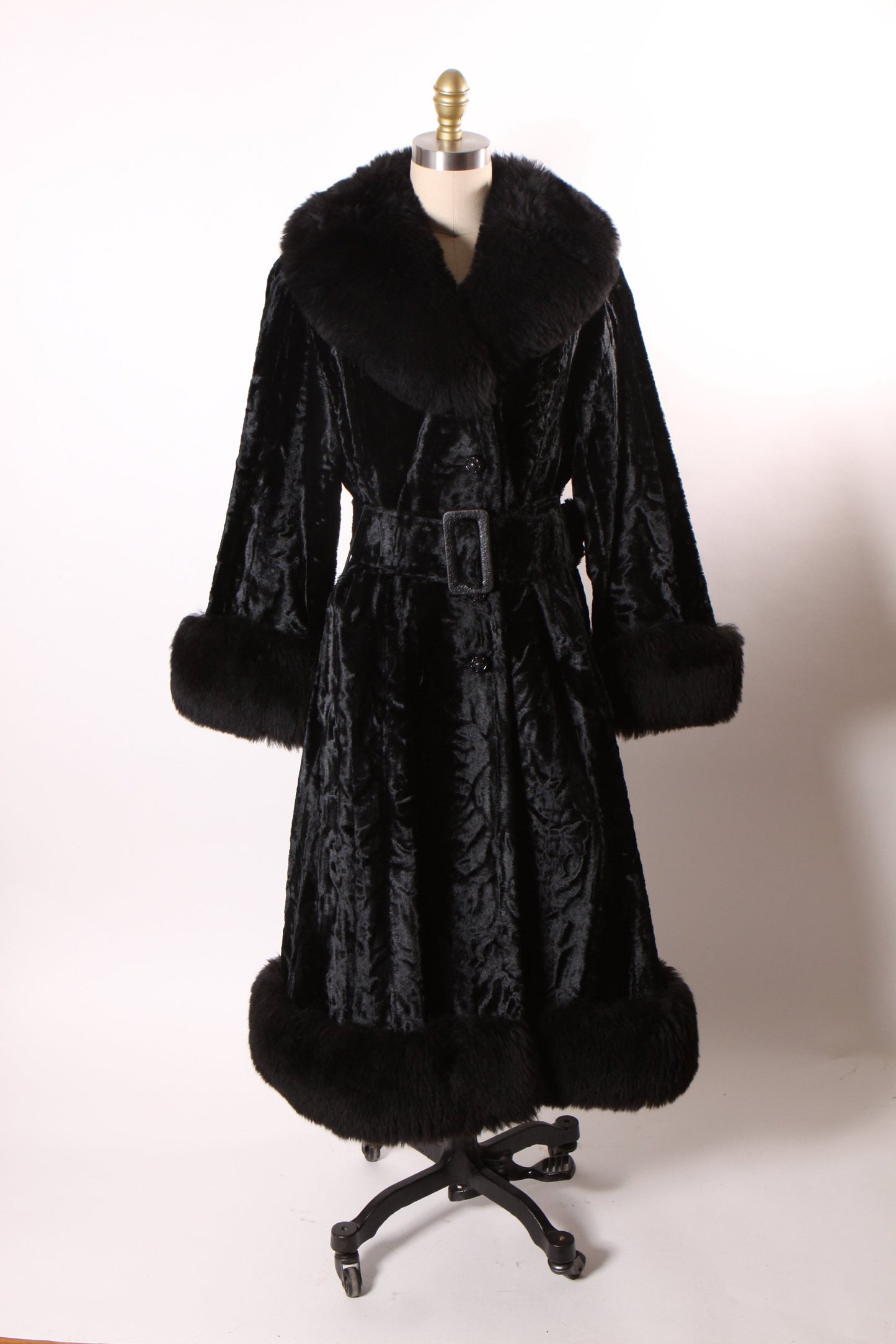 Late 1960s Mod Black Persian Lamb Style Faux Fur Long Sleeve Button Up Belted Penny Lane Princess Coat -M