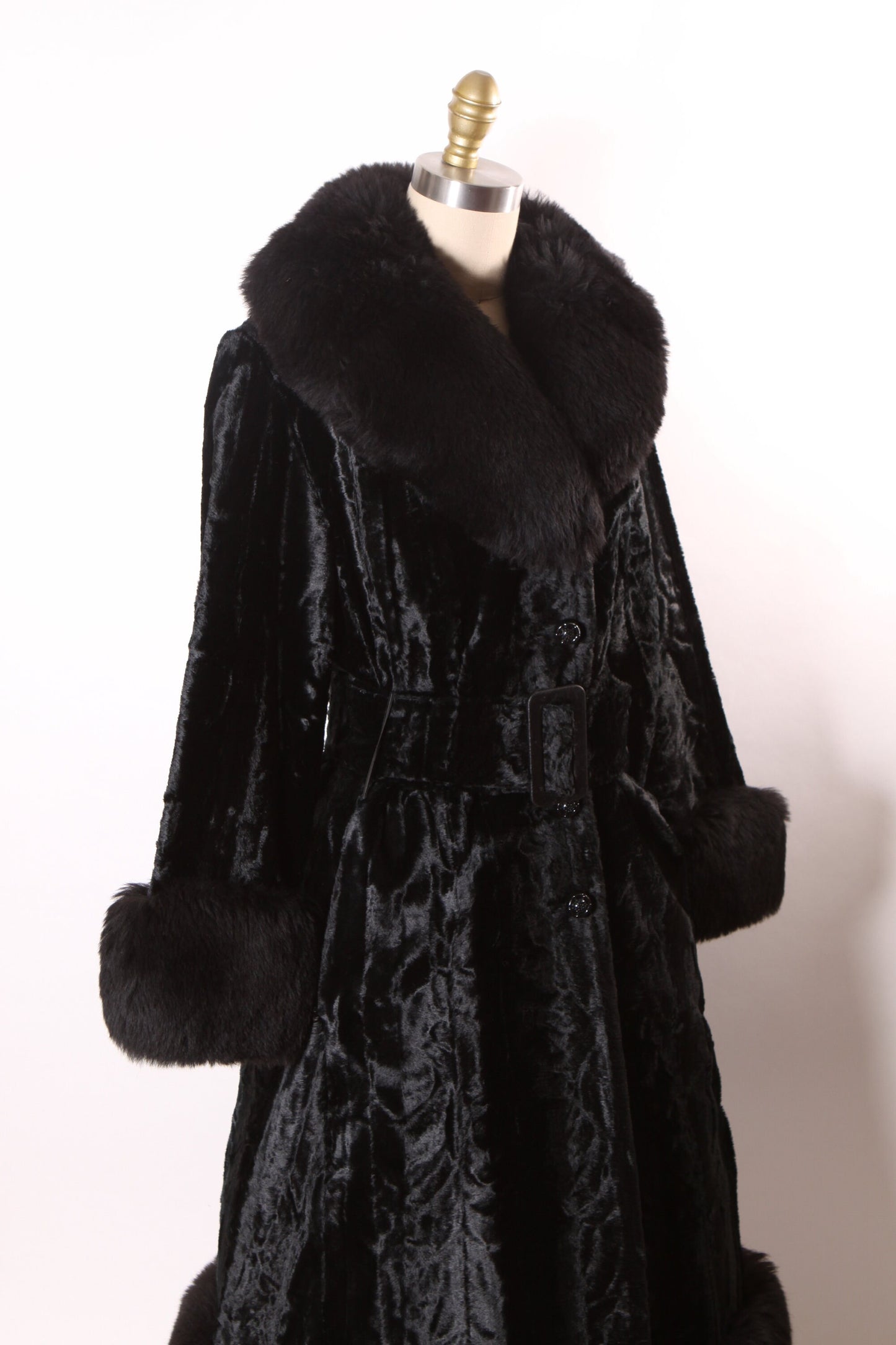 Late 1960s Mod Black Persian Lamb Style Faux Fur Long Sleeve Button Up Belted Penny Lane Princess Coat -M