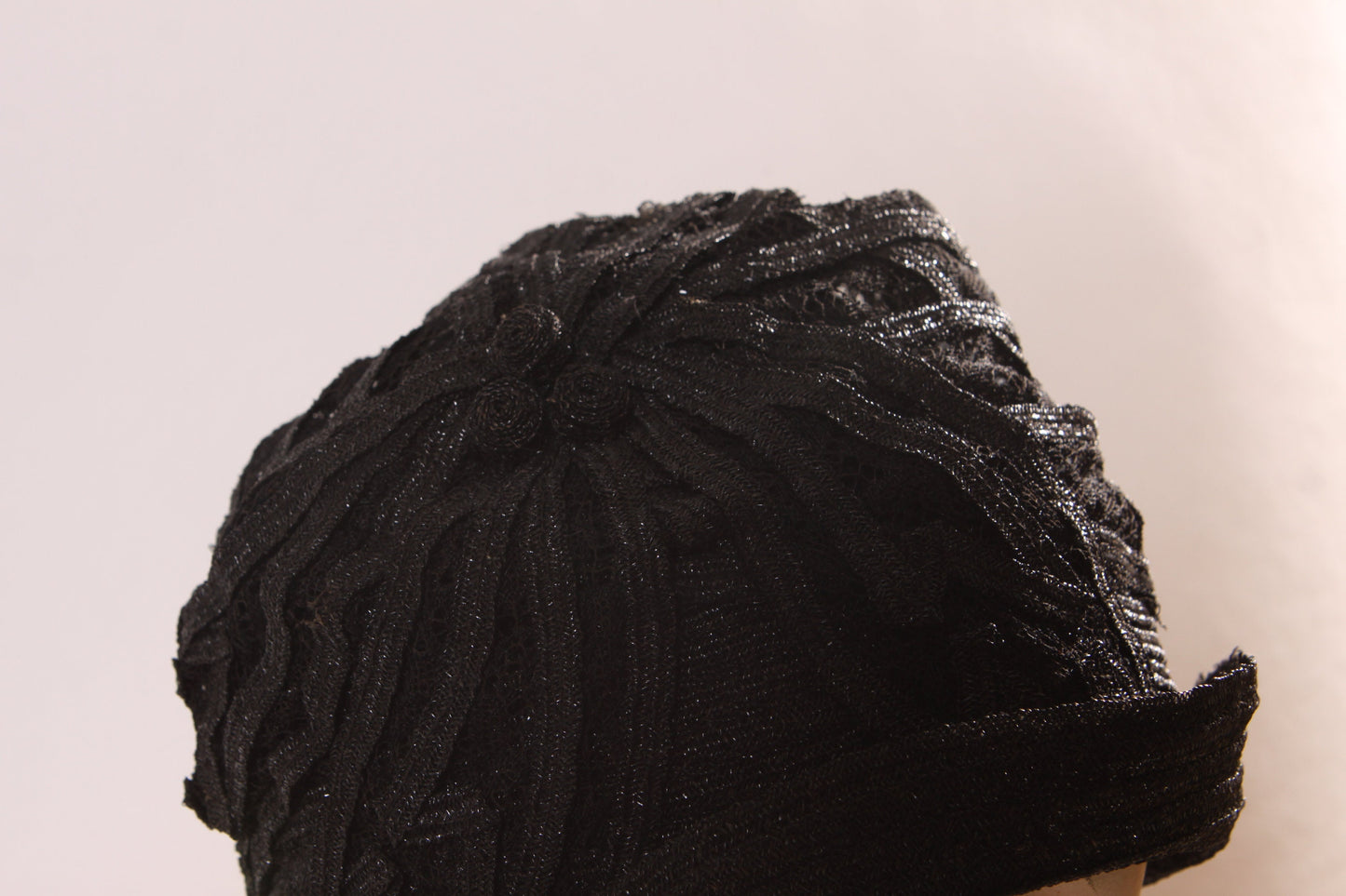 Antique 1920s Black Ribbon Woven Mourning Cloche Hat