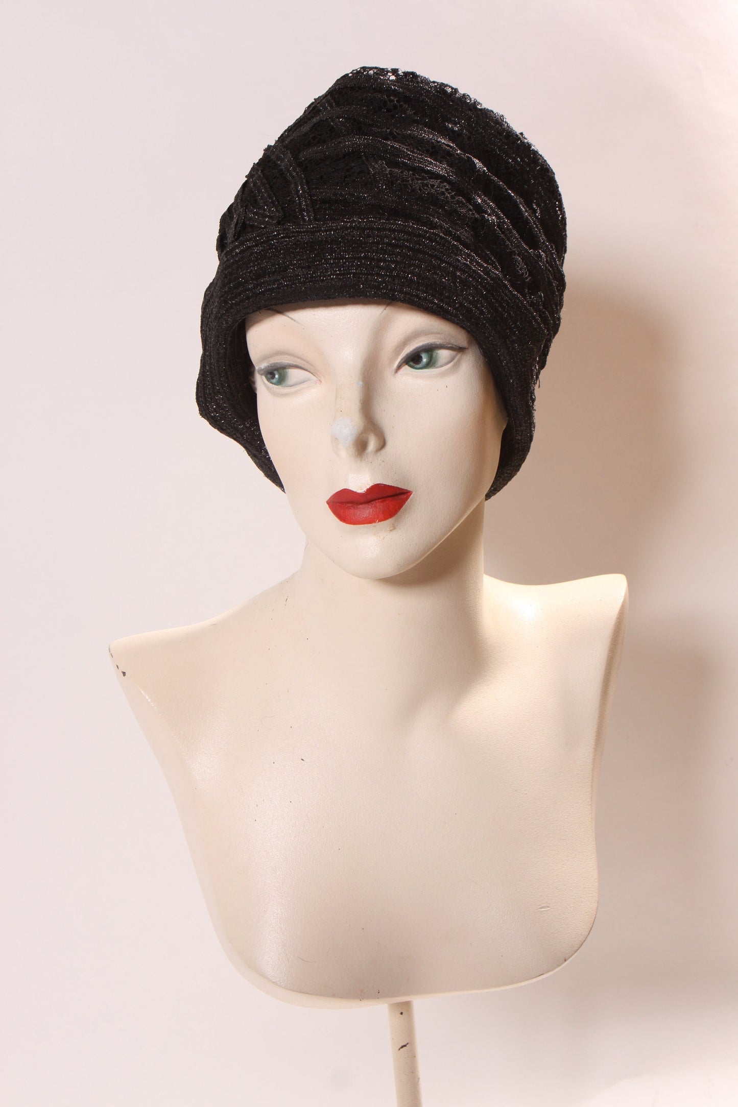 Antique 1920s Black Ribbon Woven Mourning Cloche Hat