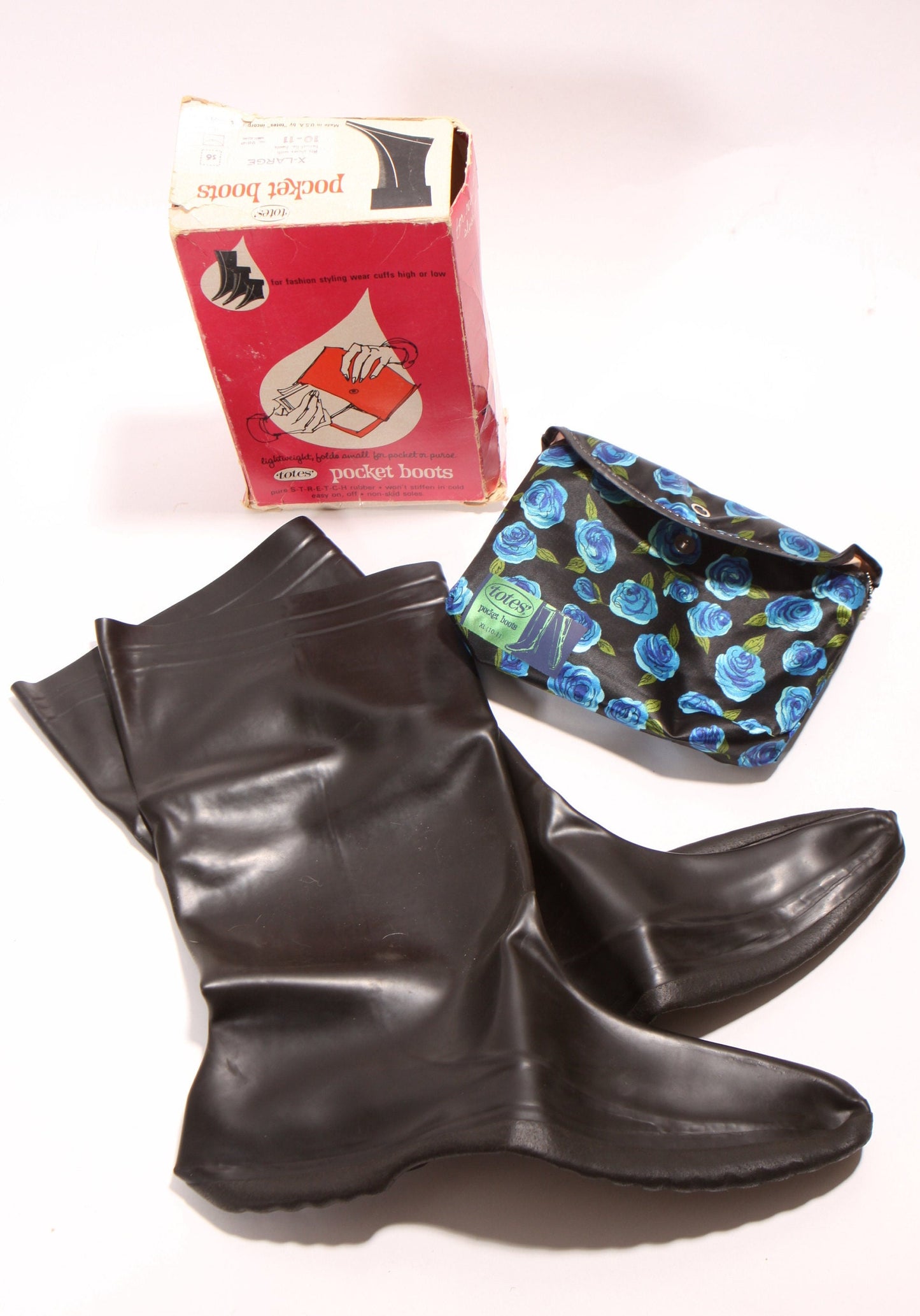 Deadstock 1960s Unworn Rubber Pocket Boots Carrying Bag Rubber Rain Boots by Totes -Size 10 Size 11