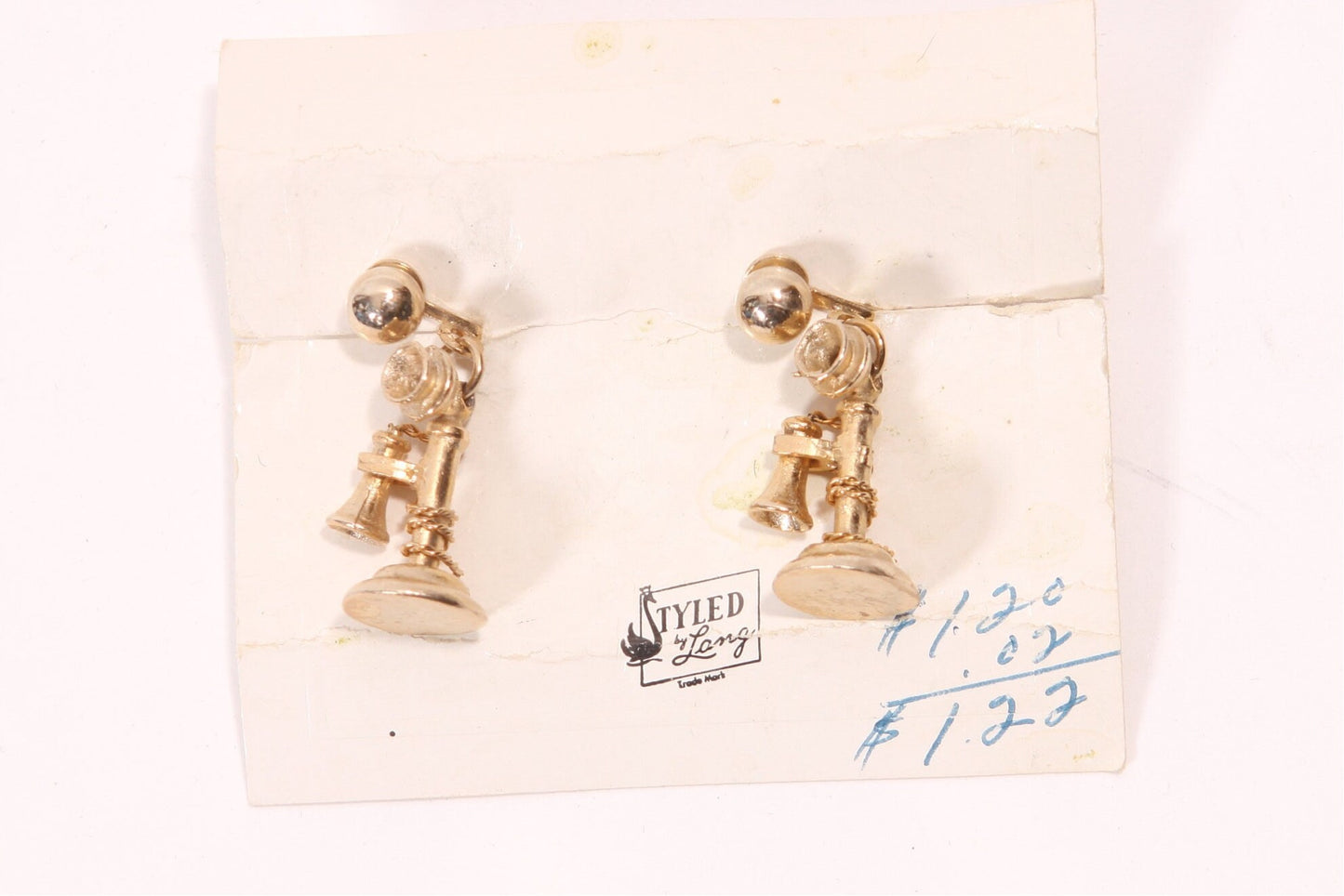 Deadstock 1950s Gold Tone Novelty Telephone Screwback Earrings by Styled by Lang