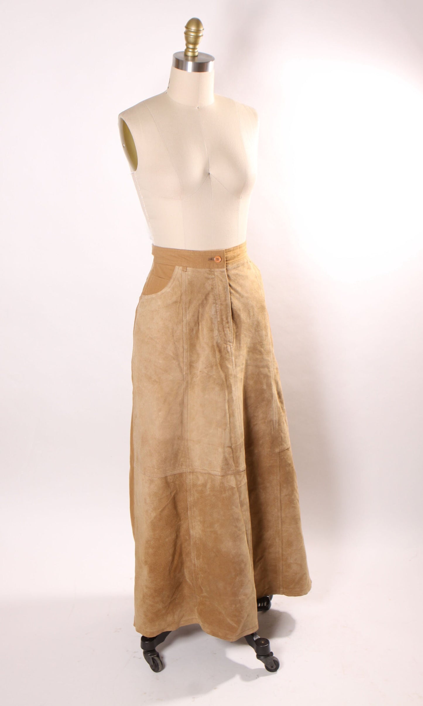 1980s Tan Suede Leather Pocketed Ankle Length Skirt by Together! -M